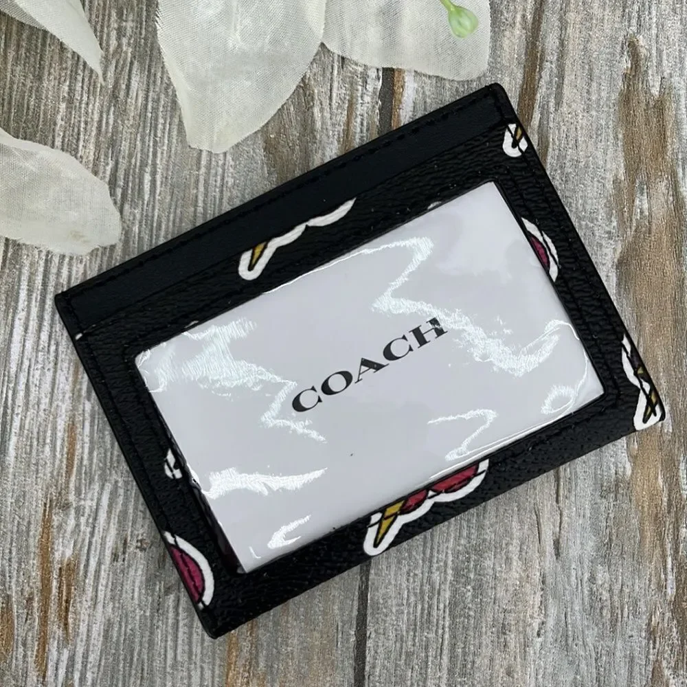 Coach Slim Id Card Case With Heart Bolt Print Wallet Bag Purse